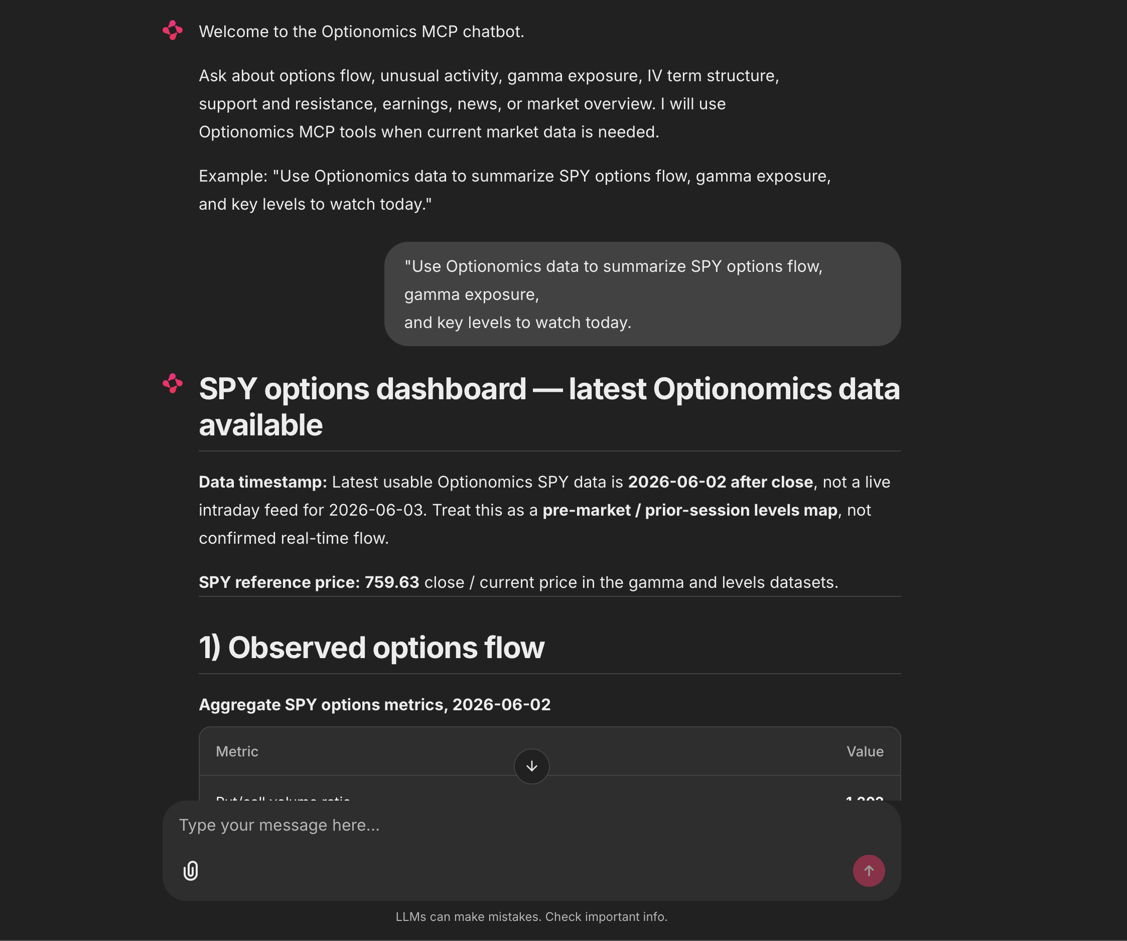 Optionomics MCP chatbot screenshot