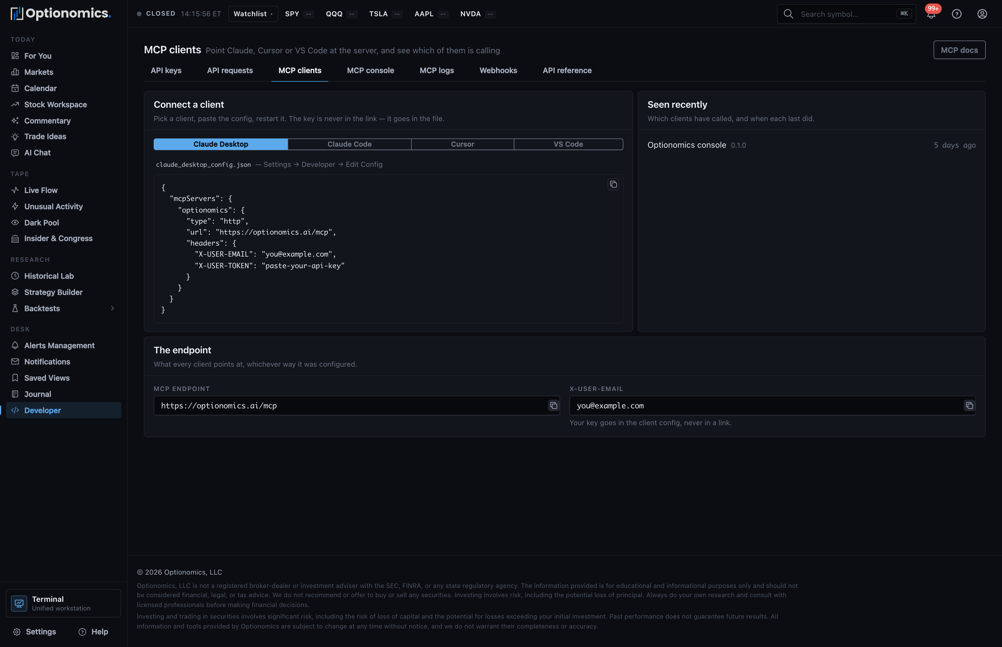 MCP clients tab in the developer console with the connect-a-client picker screenshot