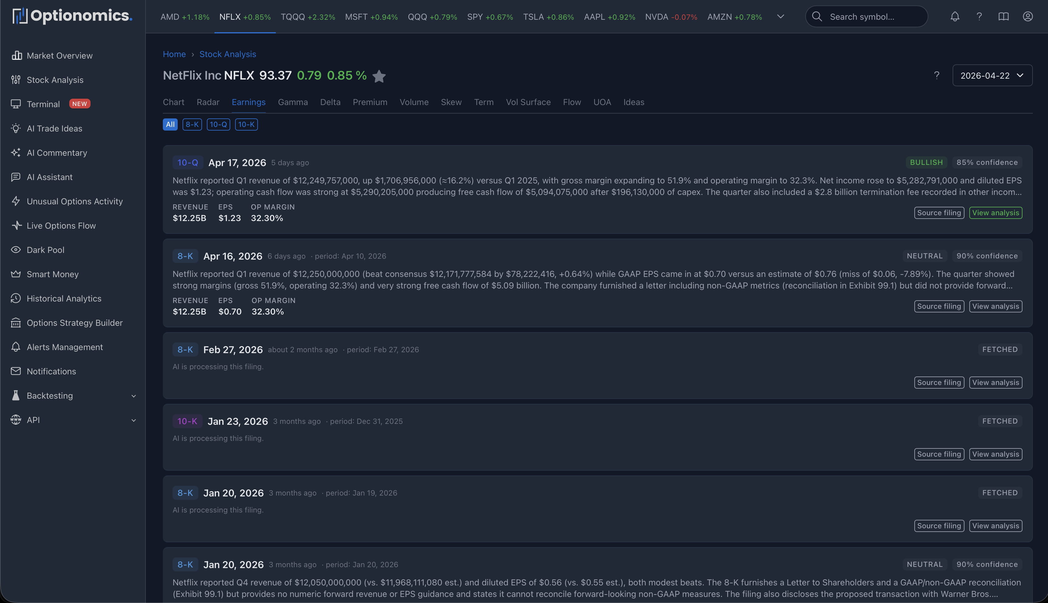 Earnings tab with AI-summarized 8-K filing